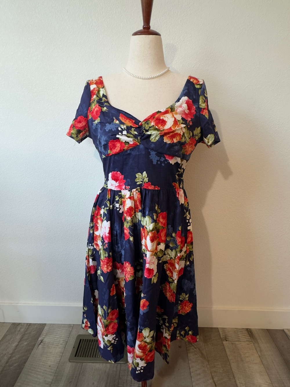 Unique Vintage Navy Floral Midi Dress with Red & Pink Blooms
